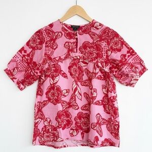 Anthropologie Vineet Bahl Pink Red Floral Ruffle Blouse XS Boho Top